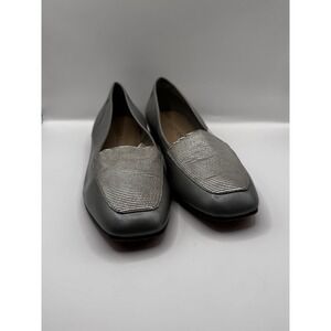 Enzo Angiolini Women's Grey Leather Flats Square Toe Loafers Silver Trim Size 8M